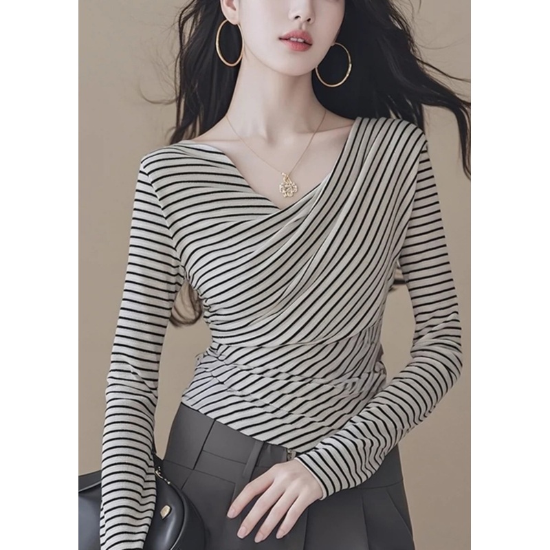 Sexy Black White Striped V Neck Tops Spring
