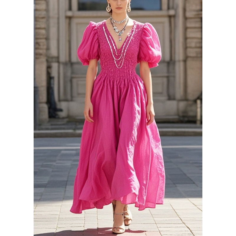 Silm Fit Rose Puff Sleeve Wrinkled Cotton Long Dress