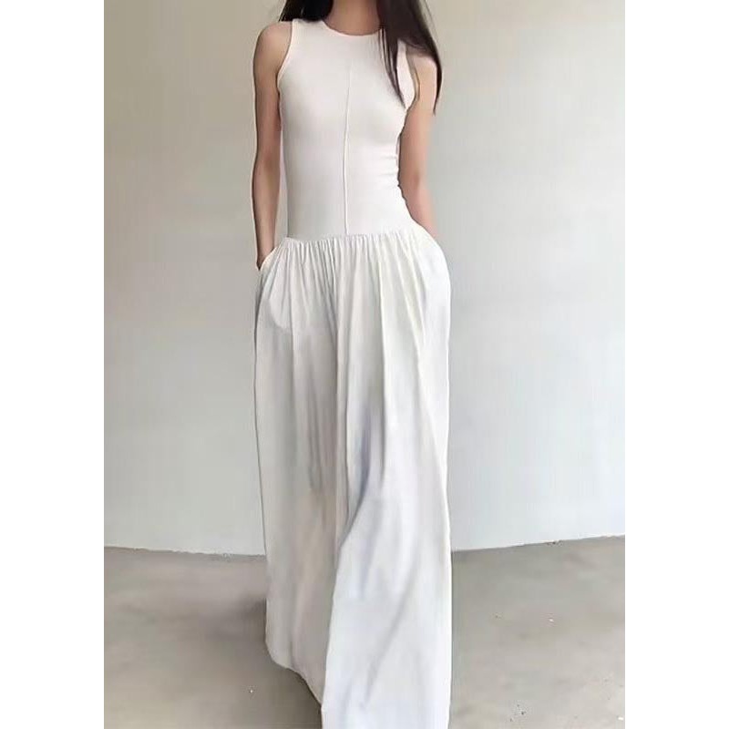Silm Fit White Exra Large Hem Cotton Long Dress Sleeveless