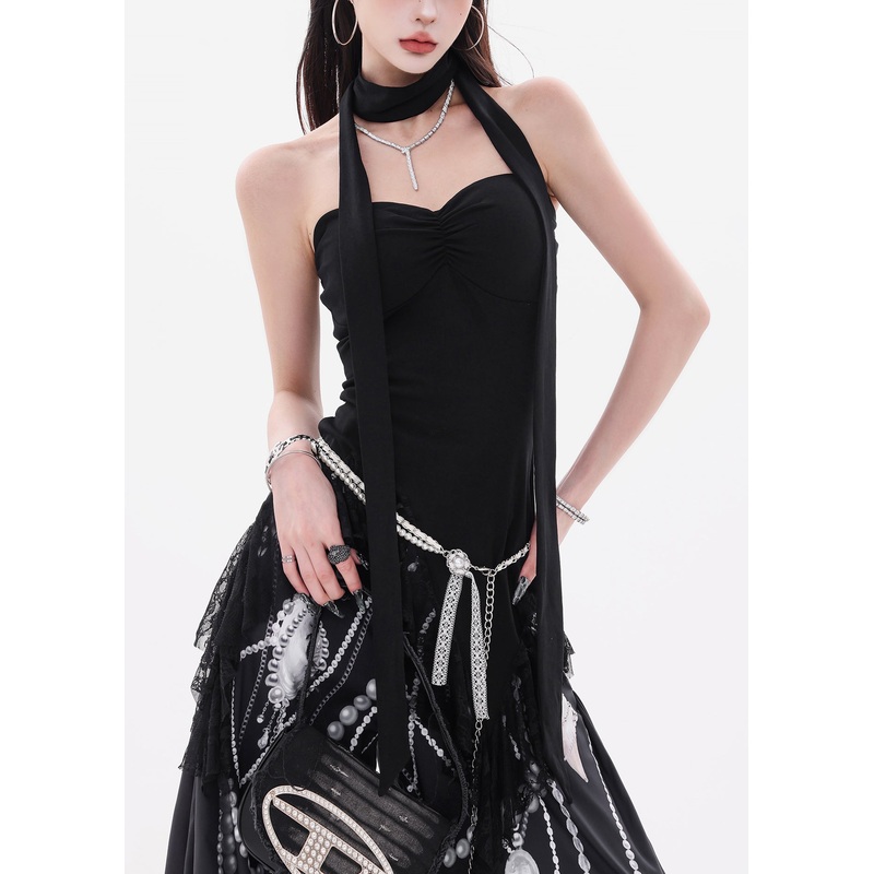 Slim Fit Black Asymmetrical Lace Solid Cotton Tank Sleeveless