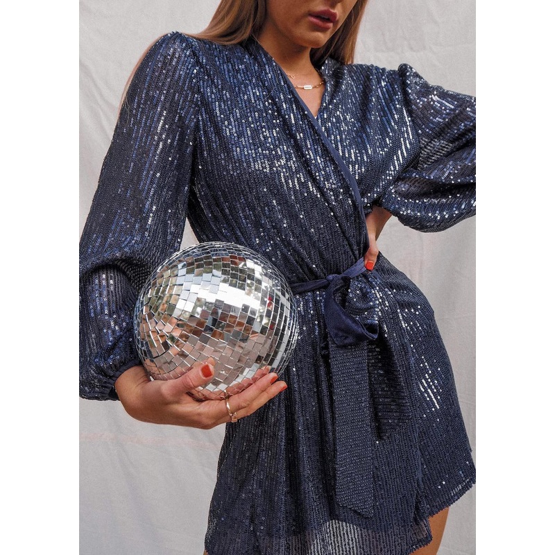 Stylish Navy V Neck Sequins Tie Waist Mid Dress Spring