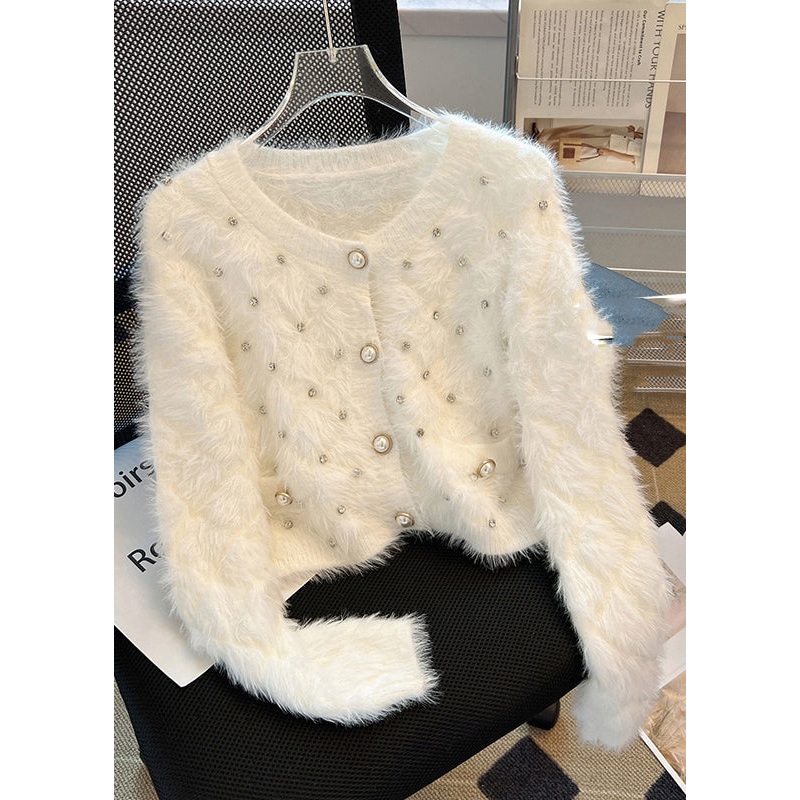 Stylish White Zircon Warm Fuzzy Fur Fluffy Cardigan Spring