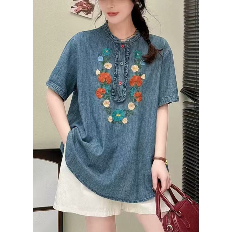 Unique Denim Blue Embroidered Ruffled Shirt Summer