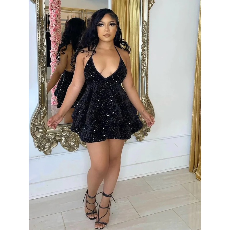 V Neck A line Black Sequin Homecoming Dress Short Prom Dress J3415