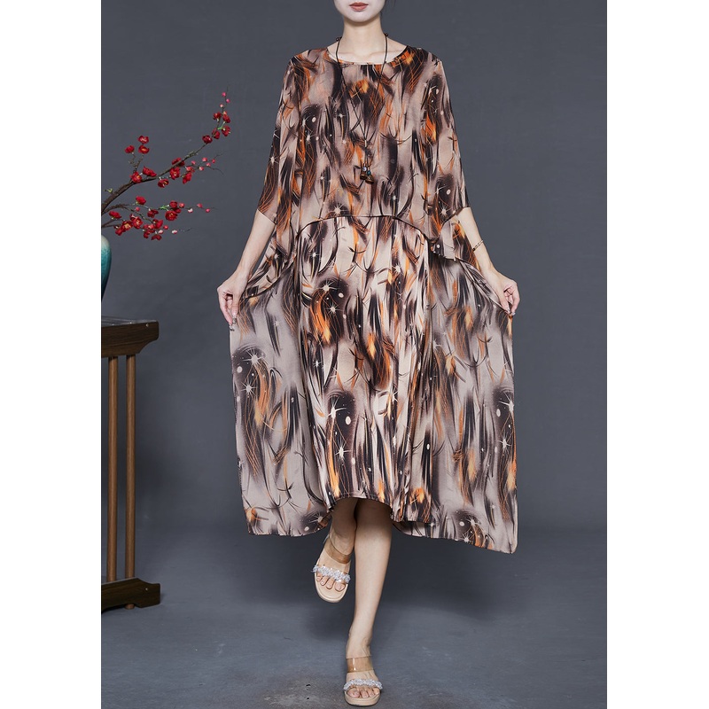 Vintage Khaki Oversized Print Chiffon Vacation Dresses Summer