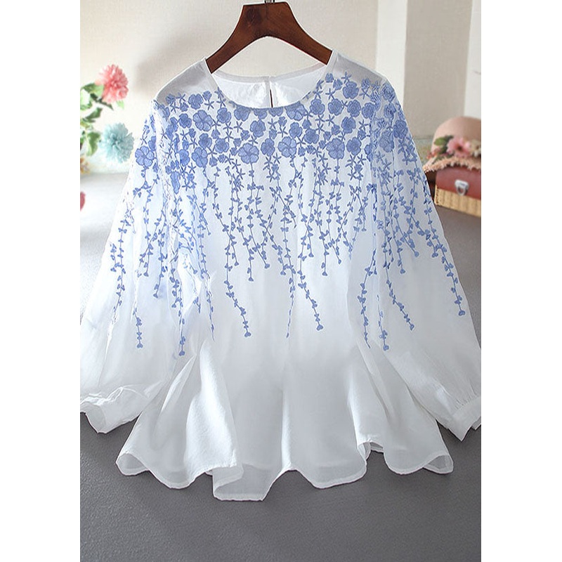 White Loose Cotton Shirts Embroidered Bracelet Sleeve