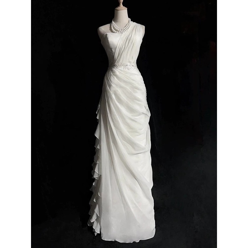 White Sheath Ruffle Long Wedding Dress Applique Chiffon Wedding Gown J5028