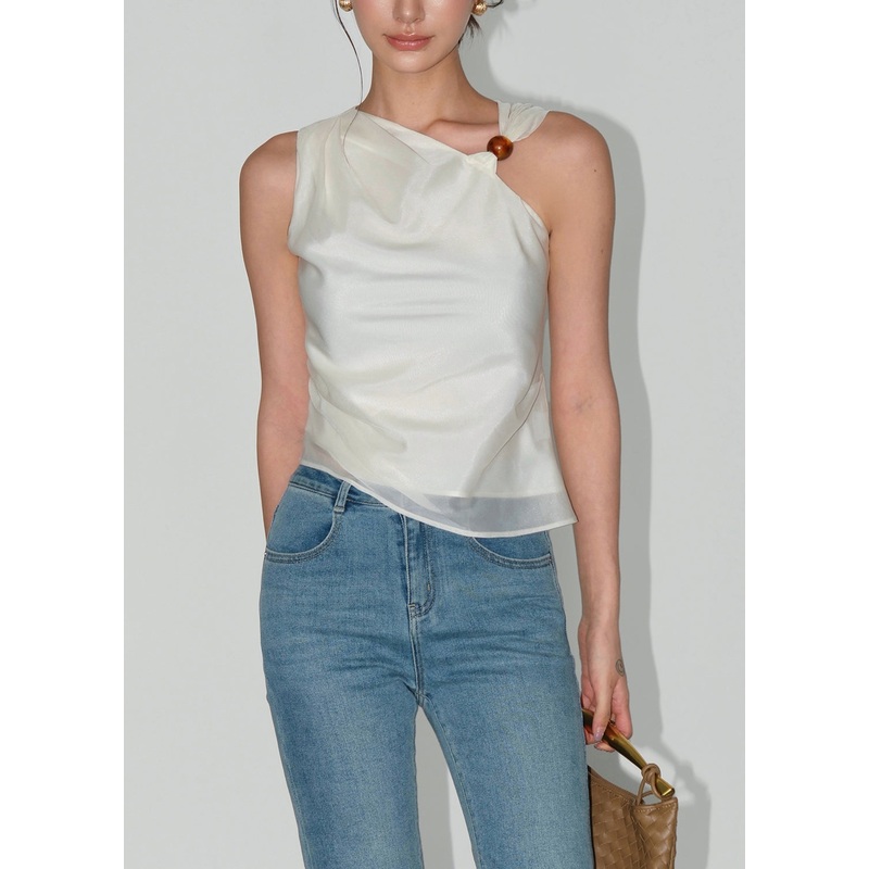 Women Apricot Asymmetrical Design Silk Top Sleeveless