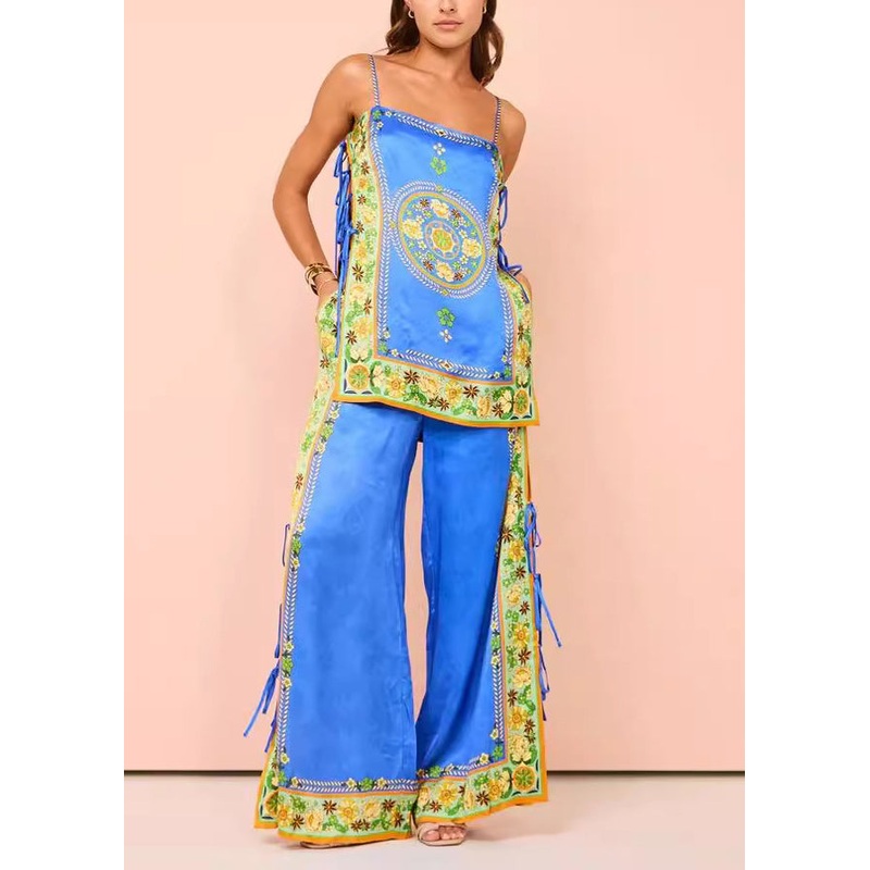 Women Blue Print Patchwork Tasseel Top And Wide Leg Pants Two Pieces Set Summer