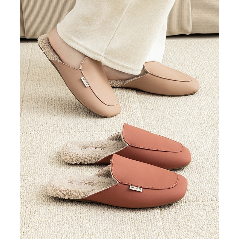 Women Brick Red Faux Leather Slippers Shoes Fuzzy Wool Lined