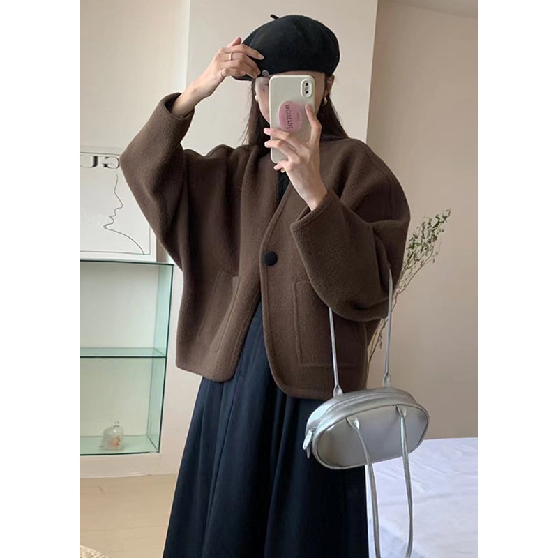 Women Coffee V Neck Pockets Woolen Short Coat Winter
