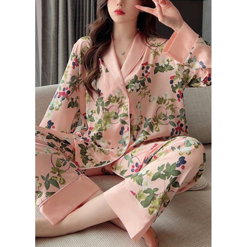 Women Pink Peter Pan Collar Print Ice Silk Pajamas Two Pieces Set Spring