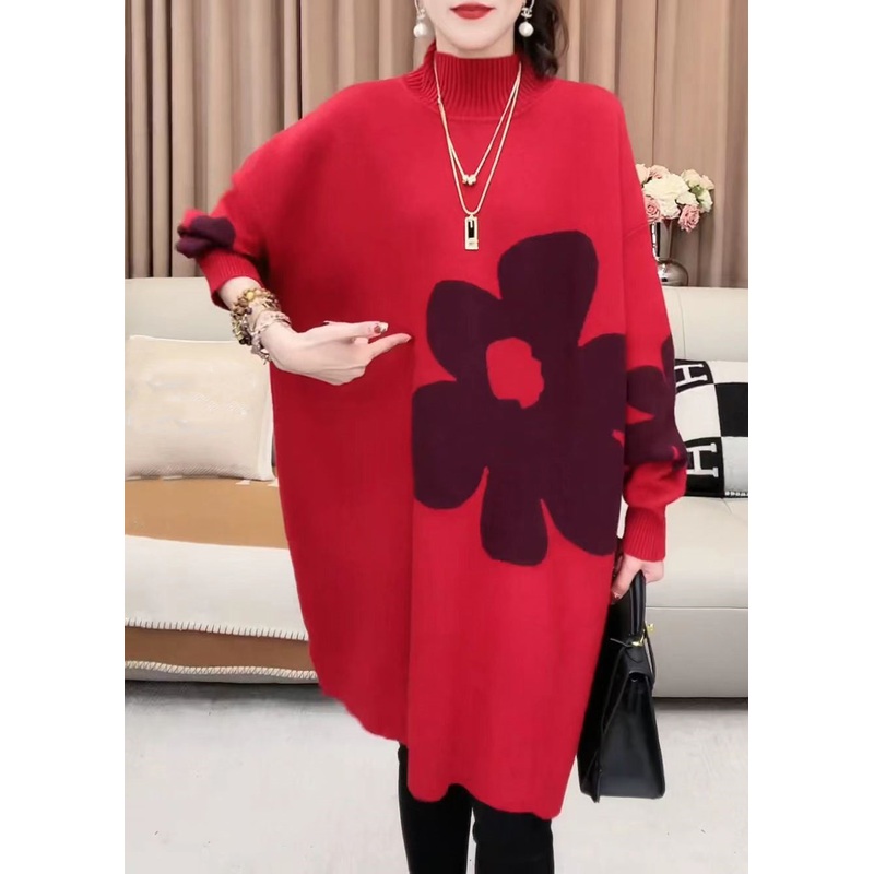Women Red Turtleneck Cozy Knit Sweater Dress Winter