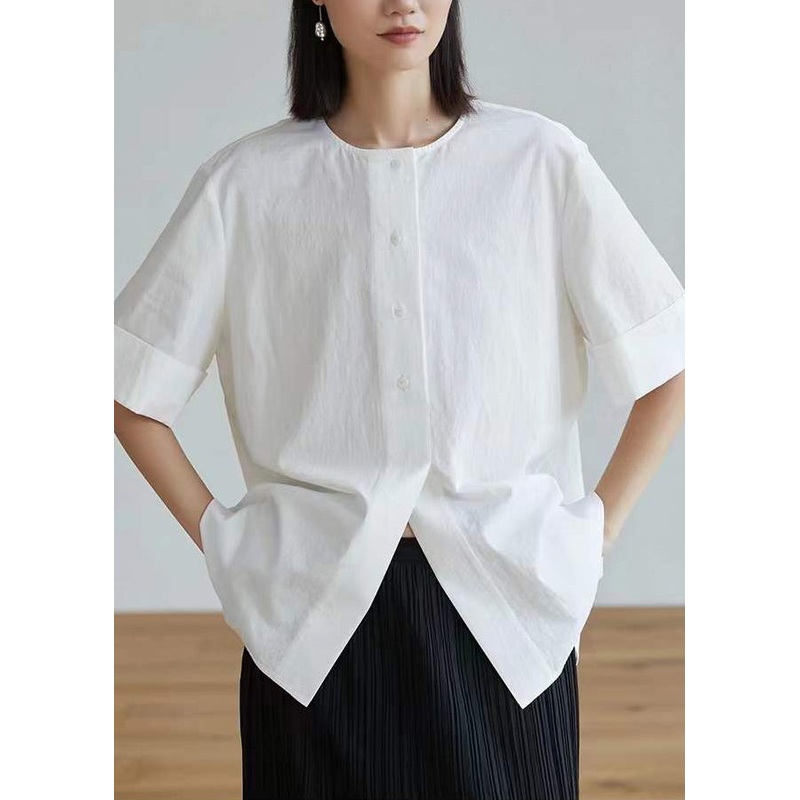 Women White Oversized Side Open Cotton Shirt Tops Half Sleeve
