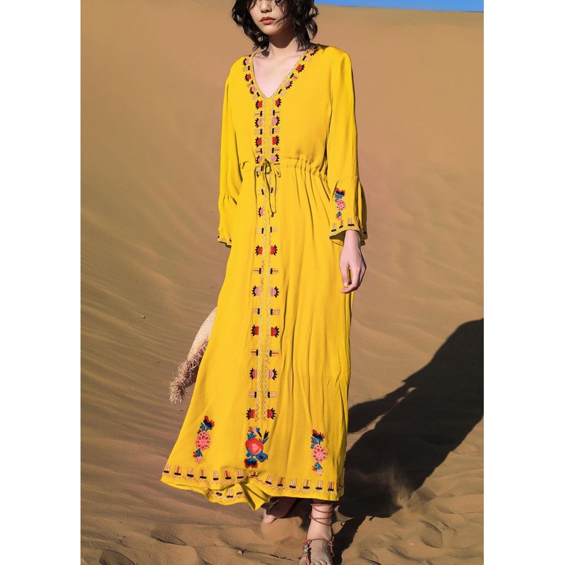 Yellow Tie Waist Cotton Fall Long Dress Embroidered