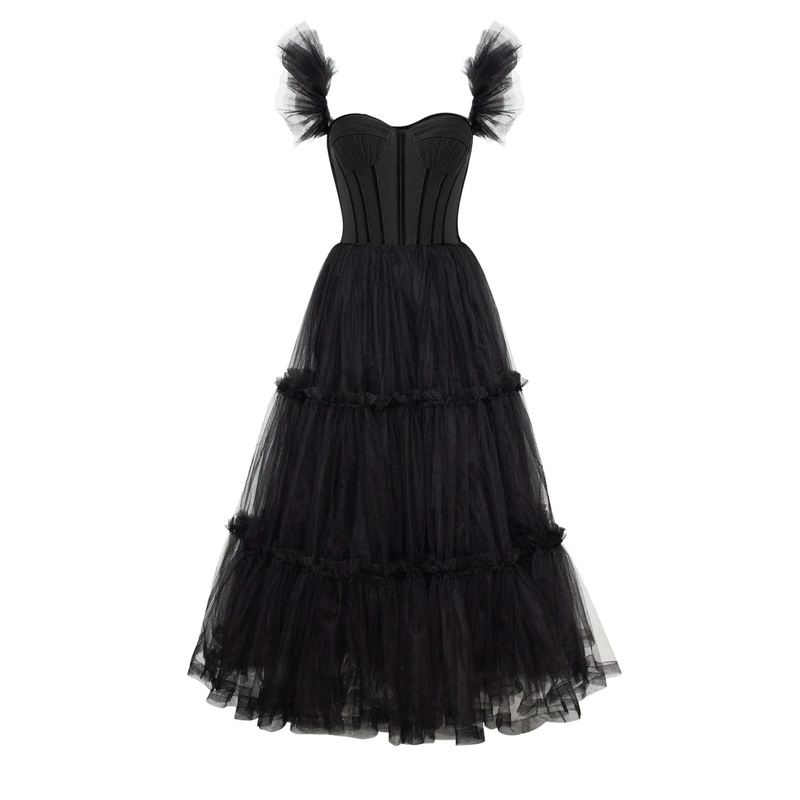 A-Line Black Ruffled Tulle Prom Dress 2201