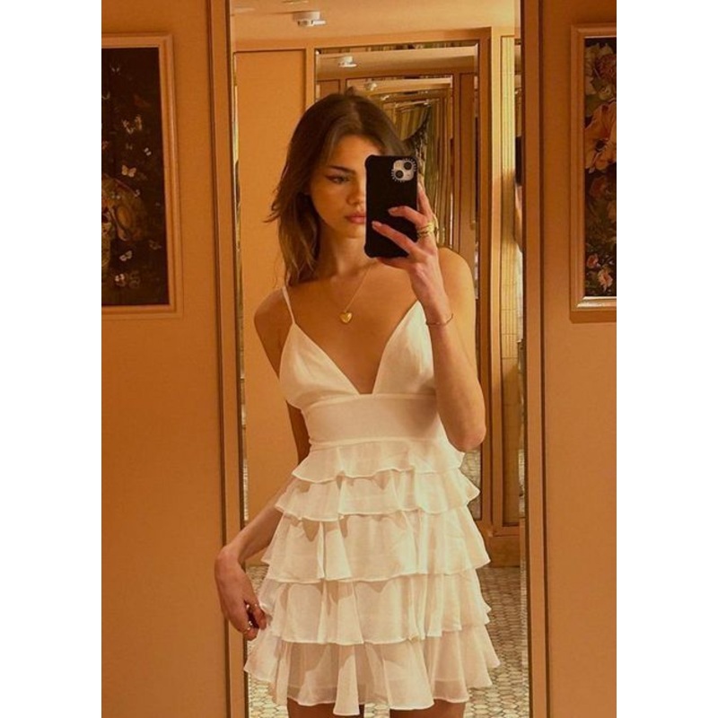 A Line Ruffle Short Prom Dress V Neck Homecoming Dress J5005