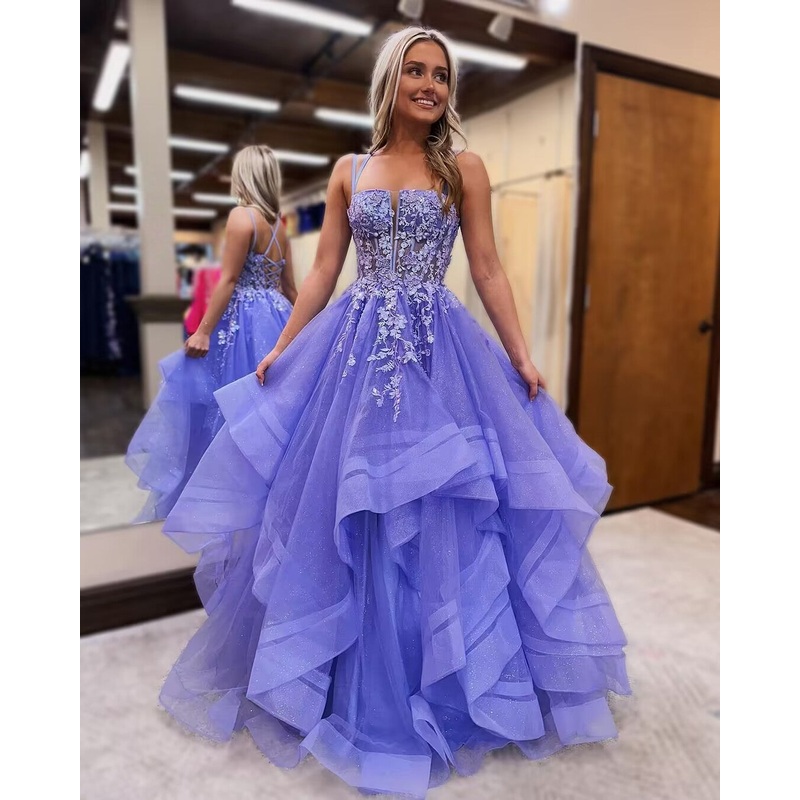 Applique A Line Purple Tulle Long Prom Dress Birthday Party Gown J2894