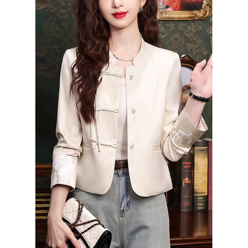 Apricot Silk Coats Tasseled Mandarin Collar Spring