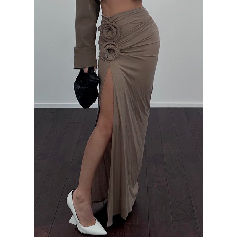 Beautiful Khaki Floral Side Open Wraped Skirts Spring