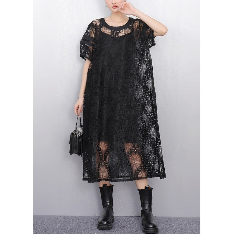 Black Hollow Out Tulle Long Dress Puff Sleeve