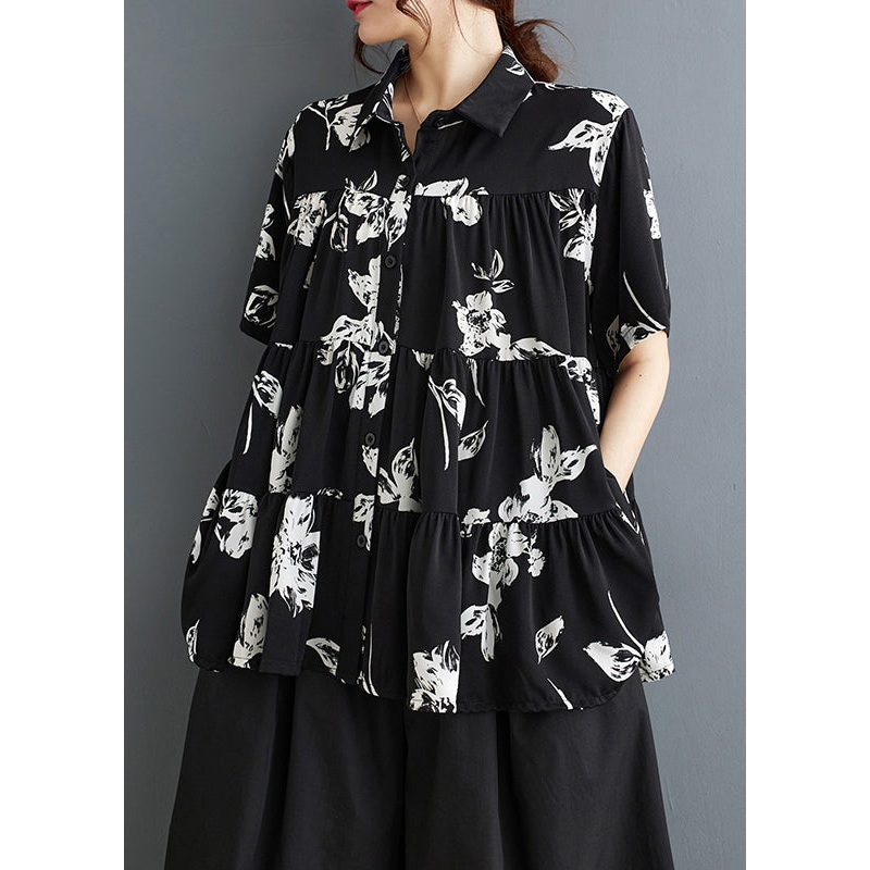 Black Print Cotton A Line Tops Oversized Summer