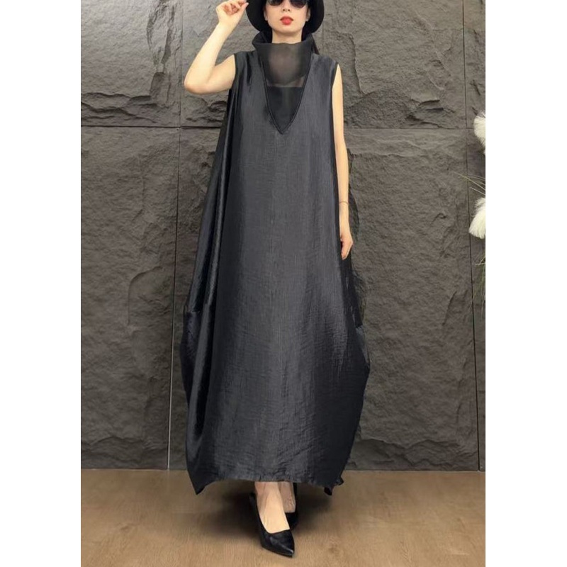 Black Solid Patchwork Silk Long Dresses Turtleneck Summer