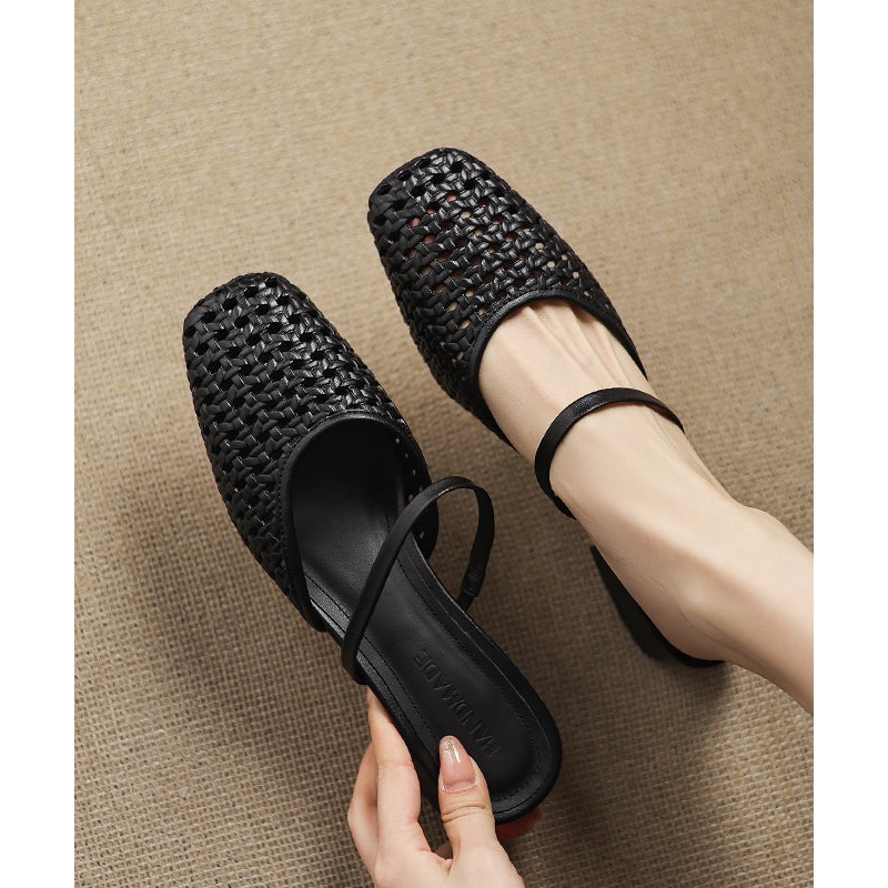 Black Splicing Boutique Chunky Slide Sandals Hollow Out