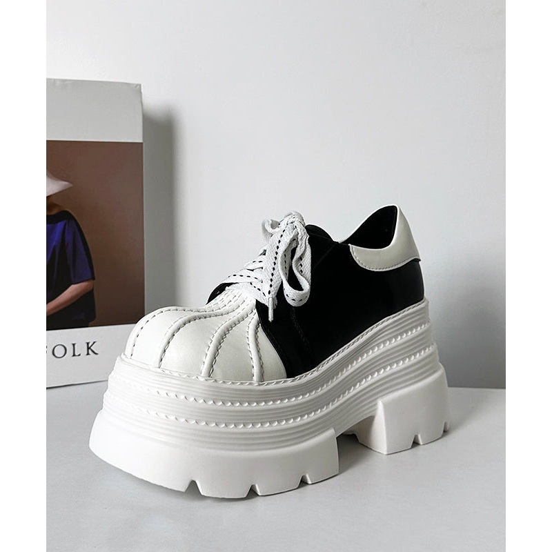 Black White Women Splicing Platform Loafer Shoes Lace Up