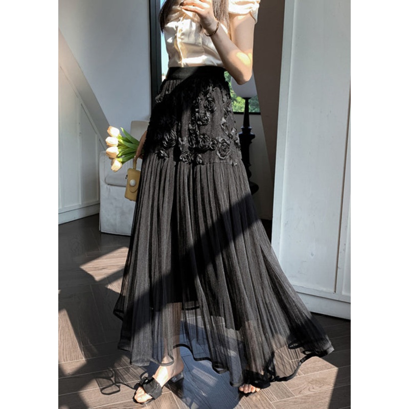 Black Wrinkled Patchwork Tulle Skirt High Waist Spring