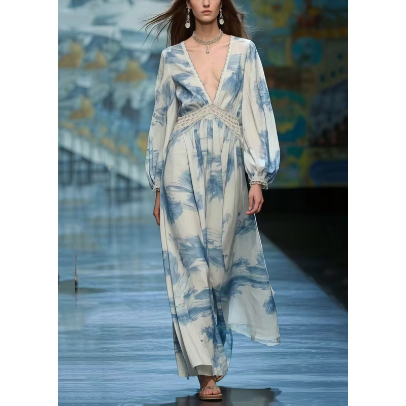 Blue Print Chiffon Long Dress Deep-V Neck Spring