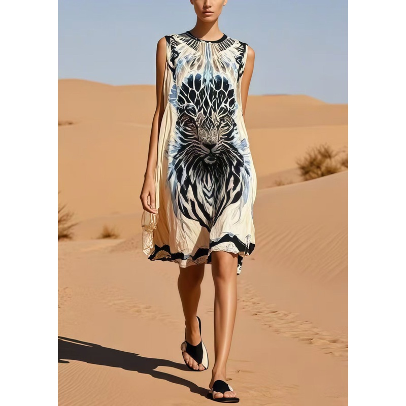 Bohemian Beige Oversized Tiger Print Cotton Day Dress Sleeveless