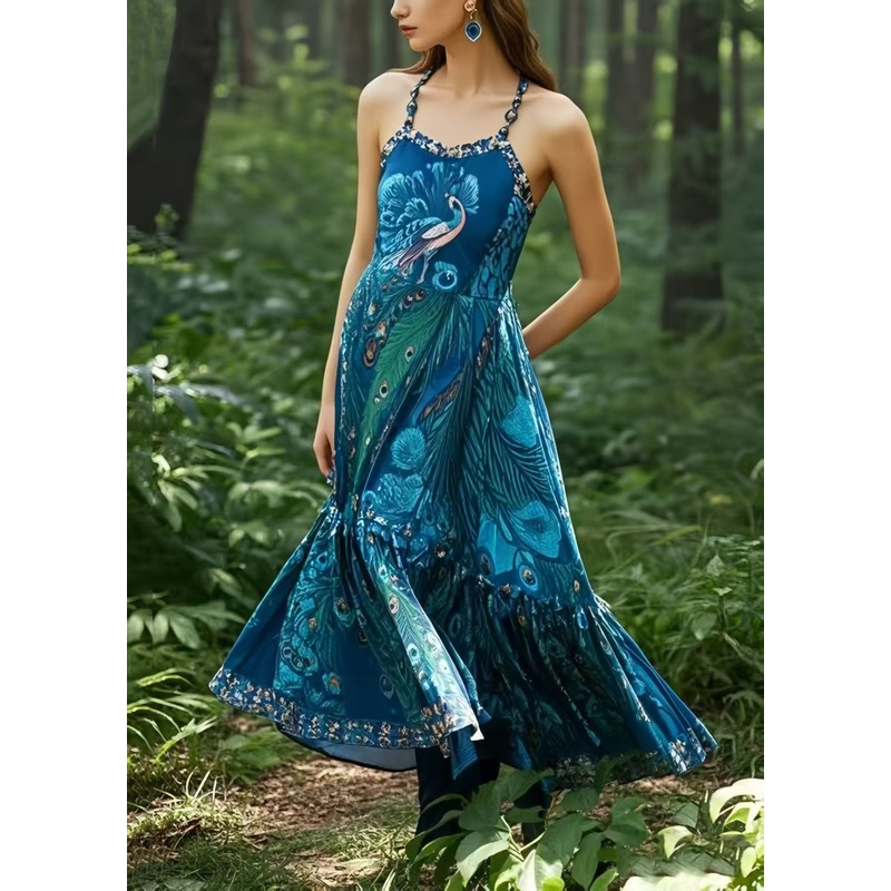 Bohemian Peacock Blue Print Exra Large Hem Cotton Cami Dresses Summer