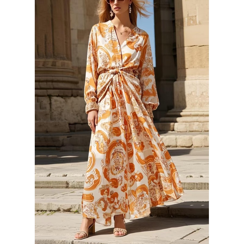 Boho Orange Cinched Print Chiffon Shirt Dress Spring