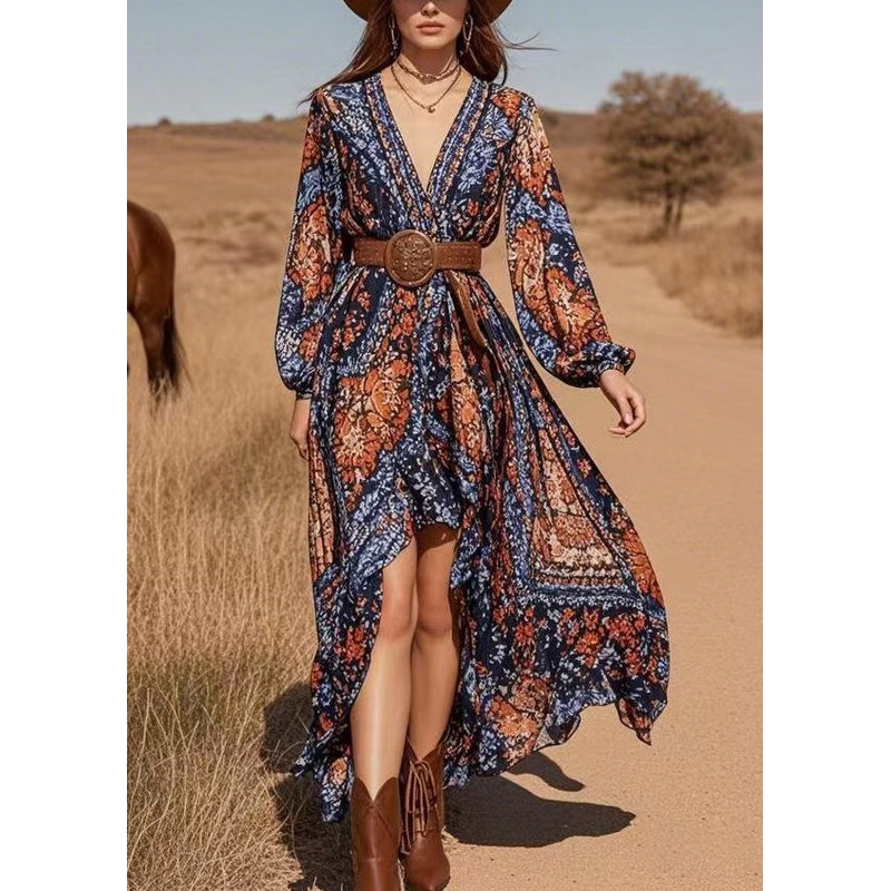 Casual Blue V Neck Asymmetrical Design Chiffon Long Dresses Lantern Sleeve