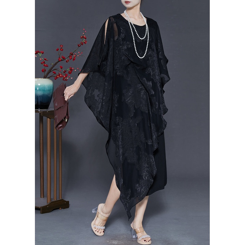 Chic Black Cold Shoulder Jacquard Silk Dresses Summer
