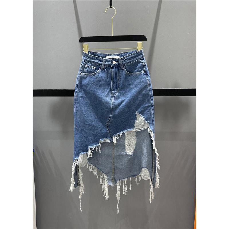 Chic Blue Asymmetrical Pockets Tassel Hole Denim Skirts