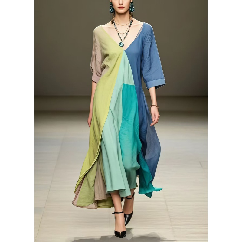 Chic Colorblock Asymmetrical Exra Large Hem Cotton Maxi Dresses Summer