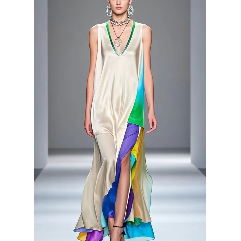 Chic White Asymmetrical Patchwork Silk Vacation Dresses Sleeveless