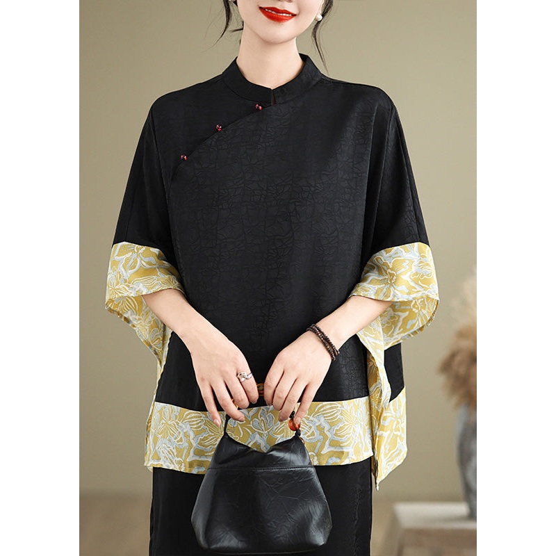 Chinese Style Black Mandarin Collar Patchwork Silk Tops Batwing Sleeve