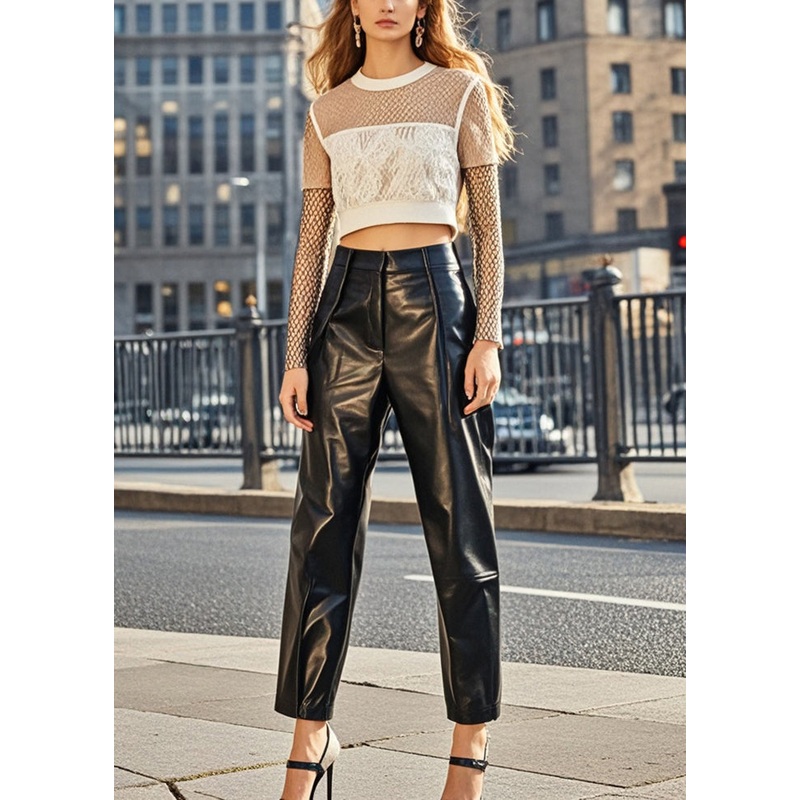 Classy Black High Waist Silm Fit Faux Leather Pants Spring