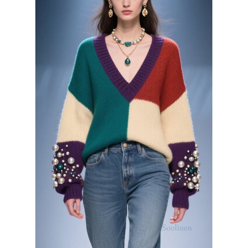 Classy Colorblock V Neck Nail Bead Patchwork Knit Sweaters Fall