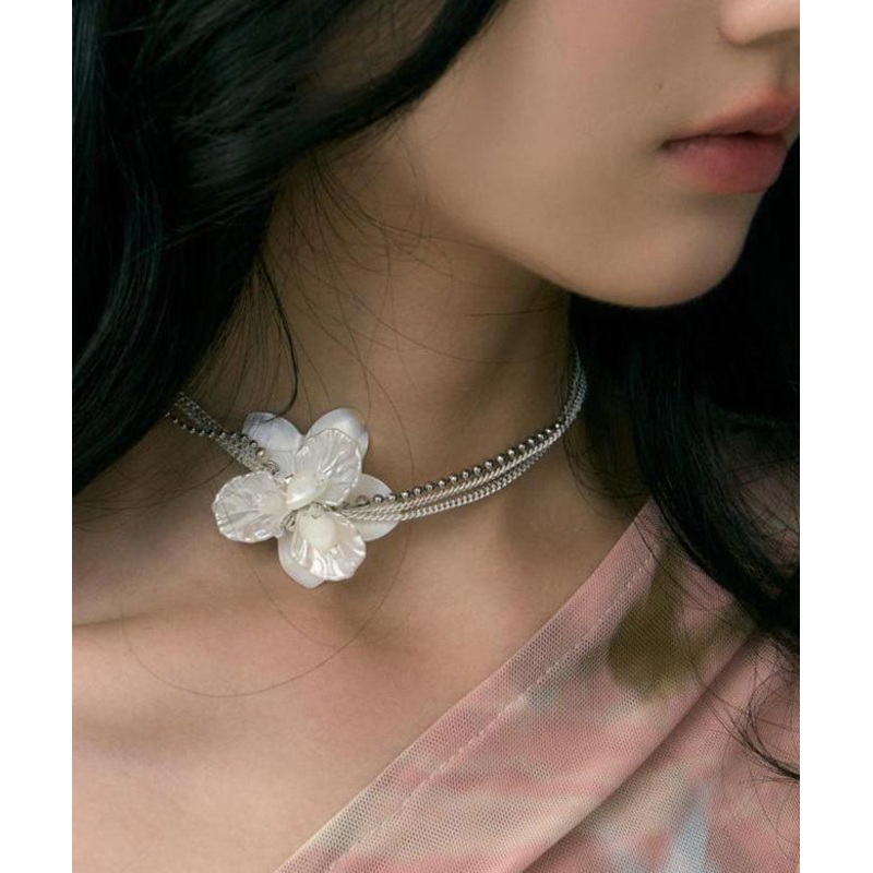 Classy White Stainless Steel Floral Pearl Shell Multi Layer Gratuated Bead Necklace