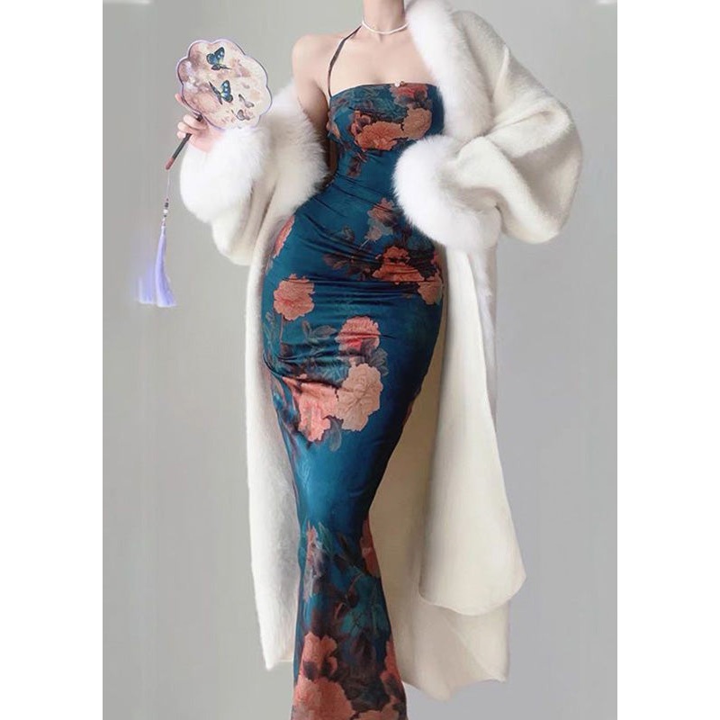 Classy White V Neck Patchwork Mink Hair Woolen Maxi Coats Winter