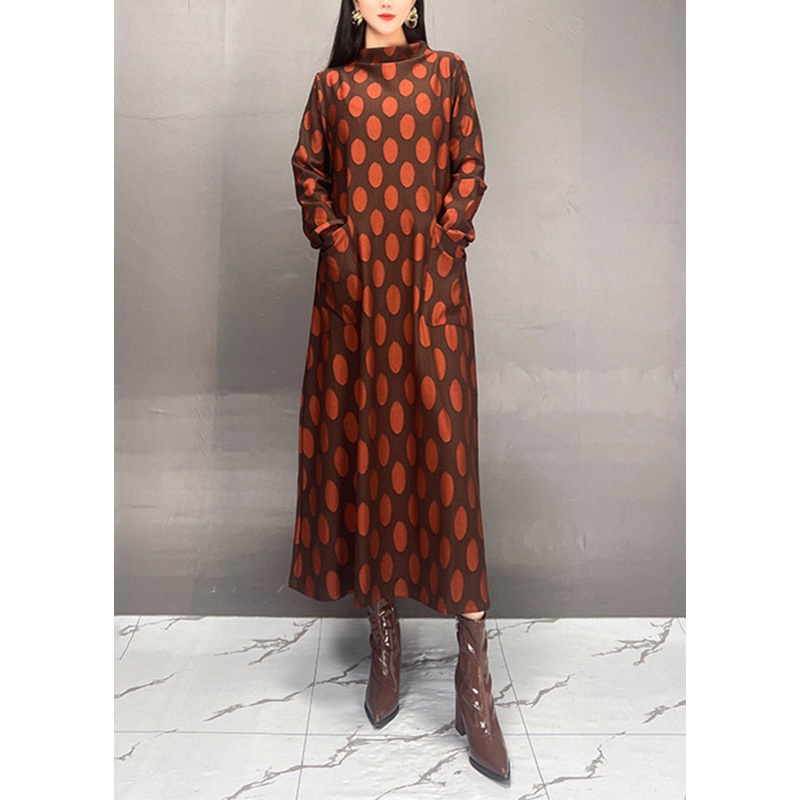 Elegant Mulberry Turtleneck Dot Print Maxi Dress Spring