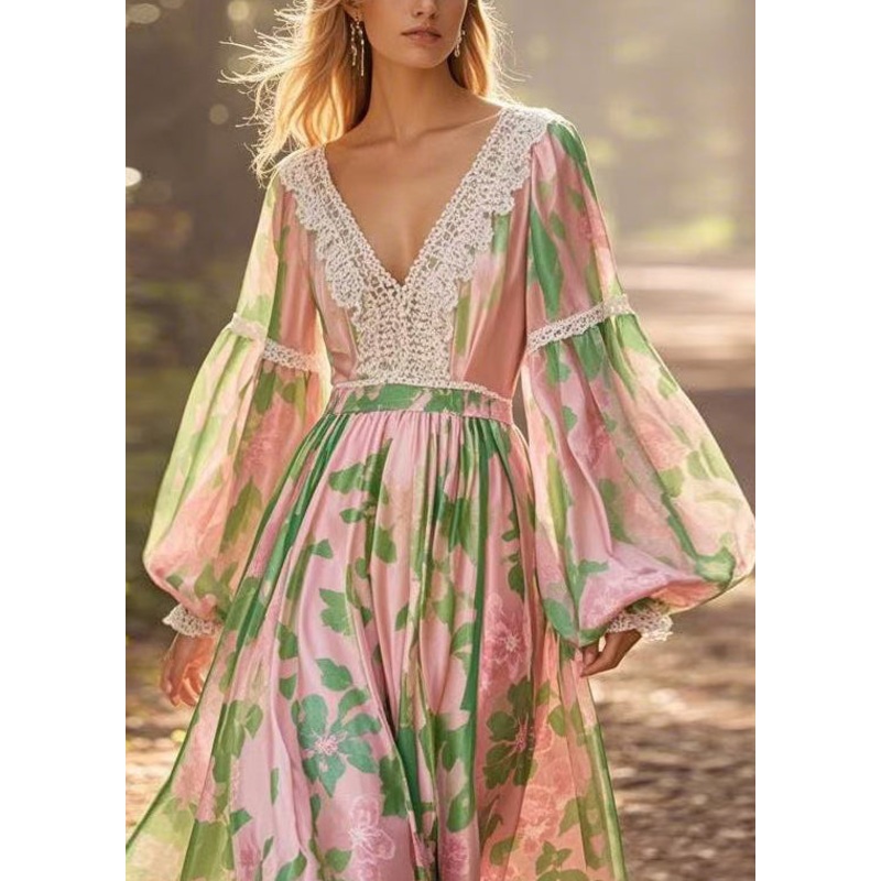 Elegant V Neck Print Lace Patchwork Chiffon Long Dress Lantern Sleeve