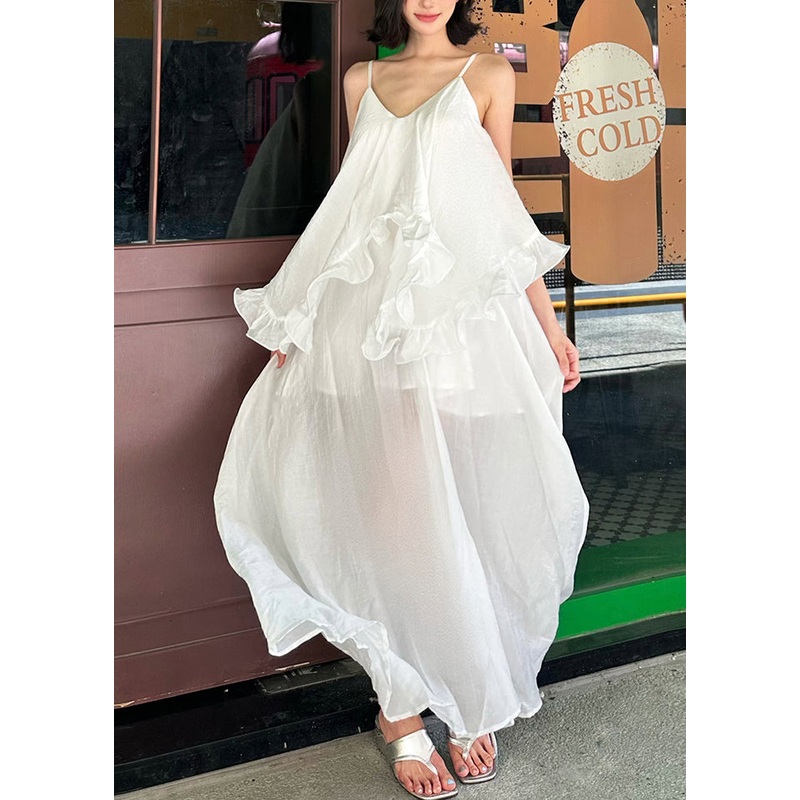Elegant White Ruffled Patchwork Cotton Spaghetti Strap Dress Summer