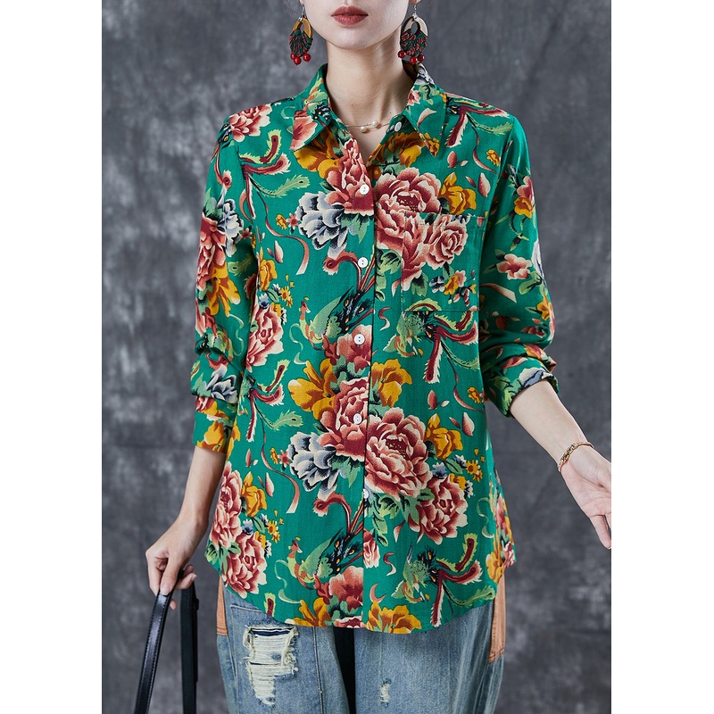 Ethnic Style Green Print Cotton Shirt Oversized Spring