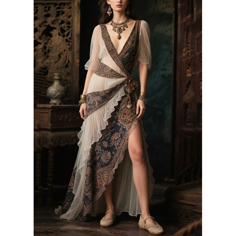 Ethnic Style Patchwork Side Open Chiffon Long Dress Summer