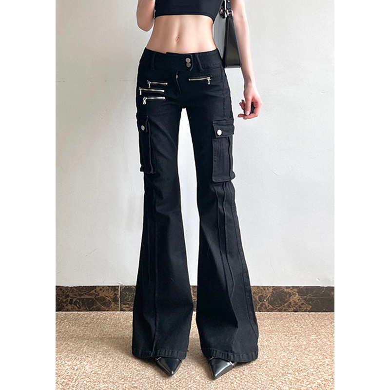 Fashion Black Zippered Pockets Patchwork High Waist Denim Flared Trousers